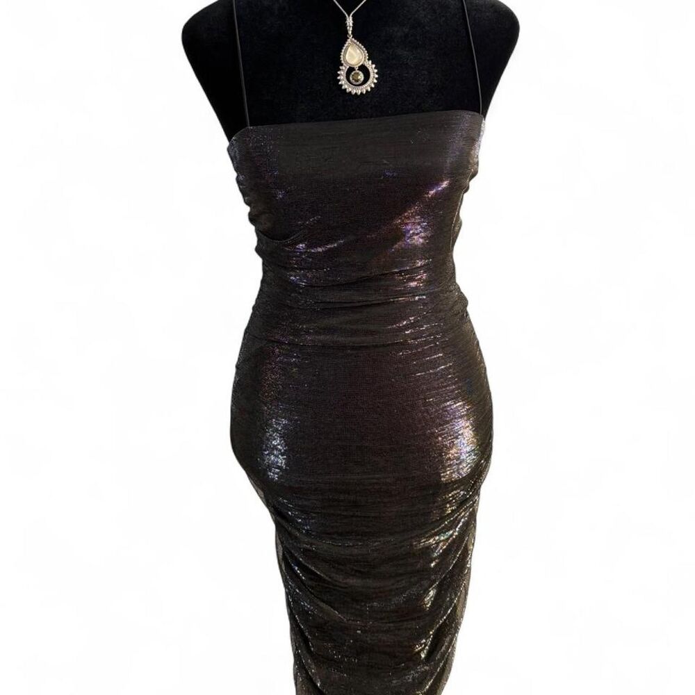 2010s Going Out Clubkid Divacore Metallic Bodycon Midi Dress Ruched